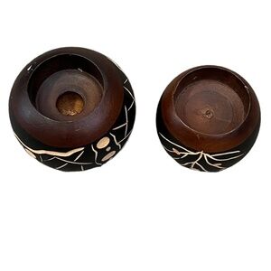Set of 2 Hand‎ Carved Painted Small Candlesticks Holder